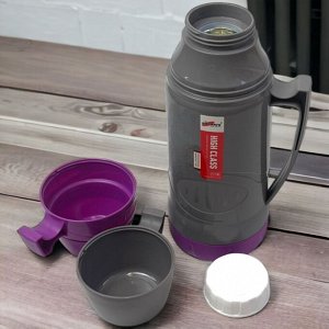 Новый бренд Термос со стеклянной колбой 1 л. 2 кружки. Vacuum Flask. Фиолетовый. AB-1000