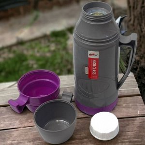 Новый бренд Термос со стеклянной колбой 1 л. 2 кружки. Vacuum Flask. Фиолетовый. AB-1000