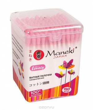 Палочки ватные гигиенческие "MANEKI" (серия Sakura) с розовым бумажным стиком, в пластиковой коробке, 150 шт./упак