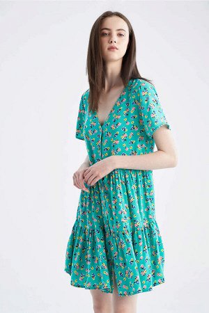 Платье с V-образным вырезом и цветочным принтом воланами