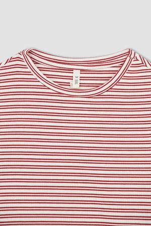 DEFACTO Приталенная полосатая футболка в рубчик с круглым вырезом и короткими рукавами