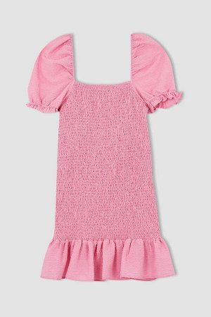 Летнее мини-платье из хлопка с квадратным вырезом и объемными рукавами Babydoll