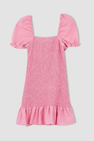 Летнее мини-платье из хлопка с квадратным вырезом и объемными рукавами Babydoll