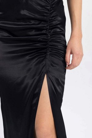 Атласная юбка-миди с разрезом на талии и нормальной талией