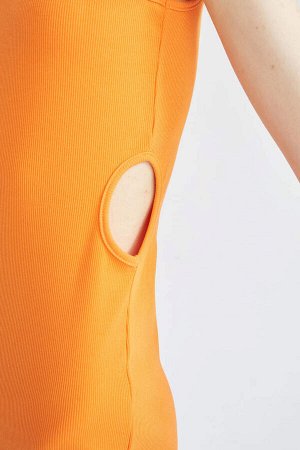 DEFACTO Вельветовое мини-платье без рукавов Cool Bodycon с круглым вырезом и детальным вырезом