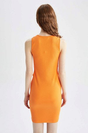 DEFACTO Вельветовое мини-платье без рукавов Cool Bodycon с круглым вырезом и детальным вырезом