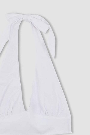 Приталенная блузка с укороченным топом из льняной смеси с вырезом через шею