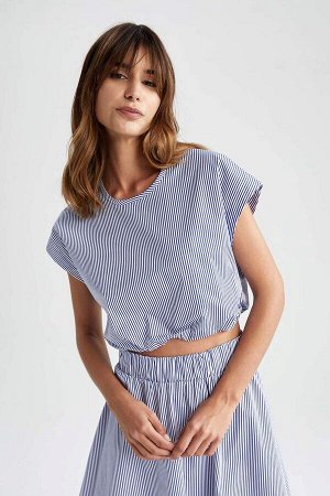 Укороченная блузка из 100 % хлопка без рукавов из поплина в полоску с круглым вырезом