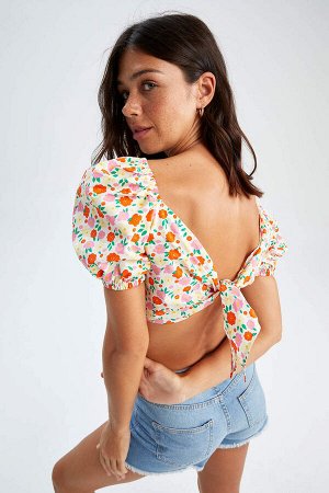 Укороченная блузка из поплина из 100% хлопка с вырезом в форме сердца и короткими рукавами