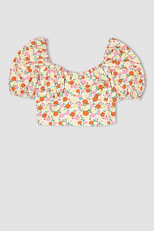 Укороченная блузка из поплина из 100% хлопка с вырезом в форме сердца и короткими рукавами