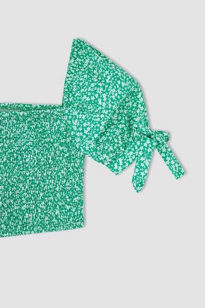 DEFACTO Прохладная укороченная блузка из поплина из 100% хлопка с квадратным вырезом и короткими рукавами-фонариками
