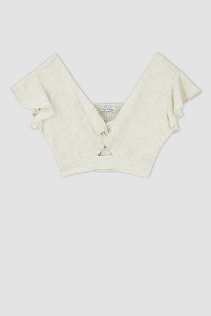 Базовая укороченная блузка из льняной смеси с V-образным вырезом и оборками на рукавах