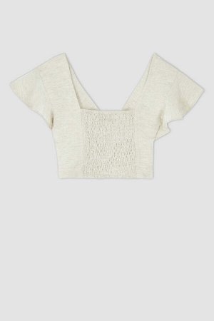 Базовая укороченная блузка из льняной смеси с V-образным вырезом и оборками на рукавах