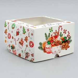 Коробка складная на 4 капкейка с окном «С Новым годом!», 16*16*10 см