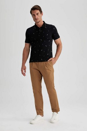 DEFACTO Облегающая футболка с короткими рукавами и воротником-поло с принтом