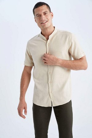 DEFACTO Рубашка из 100% хлопка с короткими рукавами и воротником-стойкой стандартного кроя