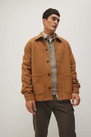 DEFACTO Шерстяная куртка-рубашка с длинными рукавами и воротником-поло Relax Fit