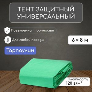 Тент защитный, 8x6 м, плотность 120 г/м², УФ, люверсы шаг 1 м, зелёный