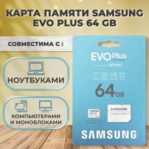 Карта памяти / microSD 64GB / карта памяти SAMSUNG EVO PLUS 64GB (10 класс)