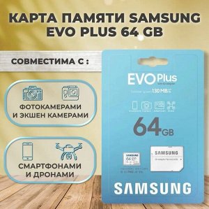 Карта памяти / microSD 64GB / карта памяти SAMSUNG EVO PLUS 64GB (10 класс)