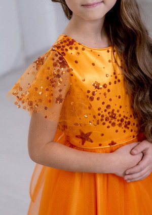 Платье из однотонной атласной ткани, комбинированное с верхним слоем  сетки, цвет оранжевый