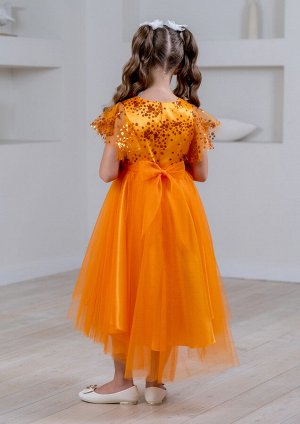 Платье из однотонной атласной ткани, комбинированное с верхним слоем  сетки, цвет оранжевый