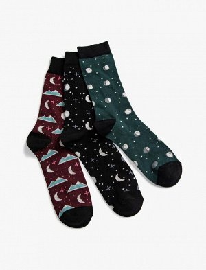 KOTON Комплект мужских носков из трех предметов с космическим принтом