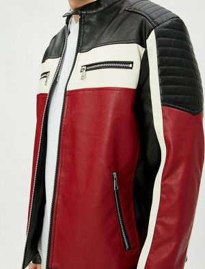 Кожаная куртка с круглым воротником и карманом на молнии с деталями