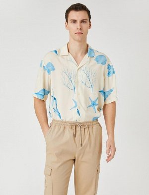 Летняя рубашка с коротким рукавом и отложным воротником с принтом в виде ракушки