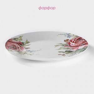 Тарелка фарфоровая обеденная Доляна «Роза», d=25,5 см, цвет белый