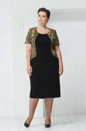 Золото Шикарное черное платье с имитацией короткого жакета, выполненного из великолепного итальянского жаккарда. Модель с полукруглым вырезом. В этом платье женщина любой комплекции будет выглядеть бе