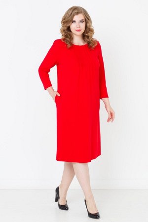 Красный Элегантное платье средней длины, с рукавами 3/4 и втачными боковыми карманами. Благодаря продольным строчкам по груди и исходящим от них складкам, это платье достаточно комфортно женщинам с фо