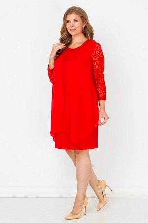 Красный Эффектное платье, выполненное в комбинации различных видов ткани "в тон". Шикарный гипюр - на рукавах и по горловине модели. Спереди расположены асимметричные шифоновые вставки, маскируя нюанс