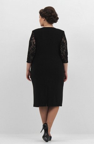 Черный Модное платье средней длины, выполненное в сочетании однородной ткани и кружевной. Фасон модели полуприталенный, с V -образным вырезом горловины, рукавами 3/4 и небольшим разрезом сзади. Подпле