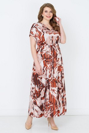 Красный Эффектное платье максимальной длины, выполнено из ткани с принтом-имитацией гофре. Фасон модели с короткими цельнокроеными рукавами, расширенной проймой и глубоким V-образным вырезом горловины