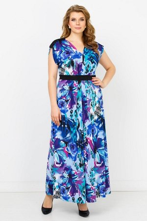Голубой Длинное женственное платье без рукавов, красивой расцветки, с глубоким V-образным вырезом горловины. Фасон модели с интересными декоративными элементами : контрастными чёрными вставками по пле
