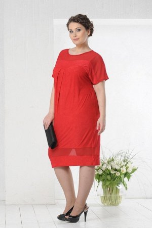 Красный Эффектное платье-туника, выполнено в  сочетании двух видов ткани : вискозы-жатки и сетки. Сетка проходит по верху и низу платья, делая образ более легким.  Создается намек на мини-юбку, но дов
