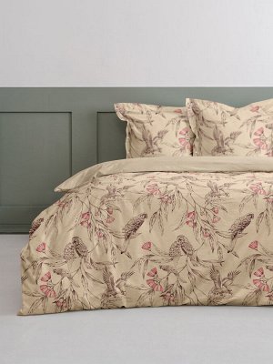 "Экодом" Комплект постельного белья песочного цвета с птицами из коллекции "Персик", бязь 100% хлопок, размер дуэт/семейный.