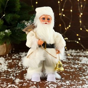 Дед Мороз под ёлку «Зимнее волшебство. Новогодняя игрушка в меховом костюме, с фонариком» двигается, с подсветкой, 28 см, белый