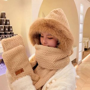 Шапка 2 в 1 шарф, плюшевая, женская, для девочки
