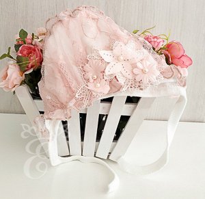 Чепчик розовый кружевной сборка цветы 875-ЧК