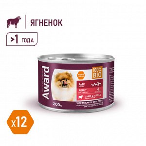Влажный корм AWARD для взрослых собак паштет из ягненка с яблоком 200г