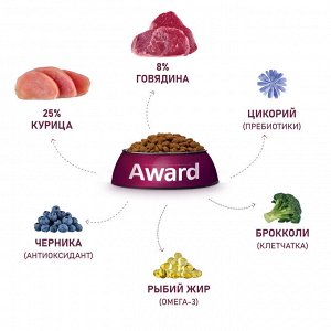 Сухой корм AWARD для взрослых собак всех пород с говядиной и курицей с добавлением брокколи и черники 2кг