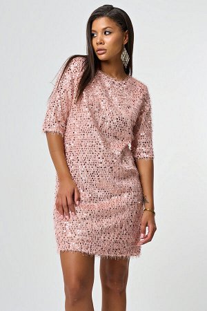 Платье нарядное прямого силуэта из ткани с пайетками розовое
