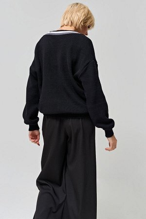 Пуловер вязаный оверсайз со спущенным плечом из хлопка меланж черный
