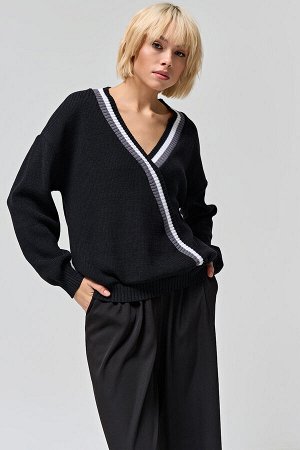 Пуловер вязаный оверсайз со спущенным плечом из хлопка меланж черный