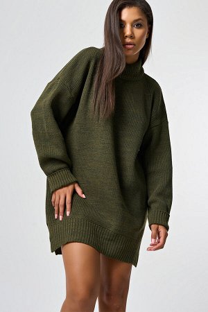 Платье-свитер вязаное  свободного силуэта меланж хаки