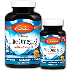 Carlson Labs, Поймано в диких условиях, Elite Omega-3 Gems, со вкусом лимона, 1600 мг,90 + 30 (бесплатных) мягких таблеток