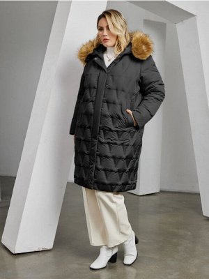 Женское зимнее стеганое пальто с капюшоном и большим натуральным меховым воротником, цвет черный