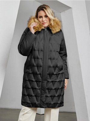 Женское зимнее стеганое пальто с капюшоном и большим натуральным меховым воротником, цвет черный